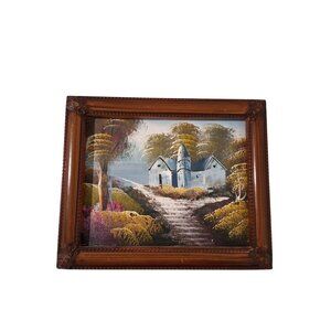 Vintage Hand Painted Framed Landscape Art With White House And Path Gallery Wall